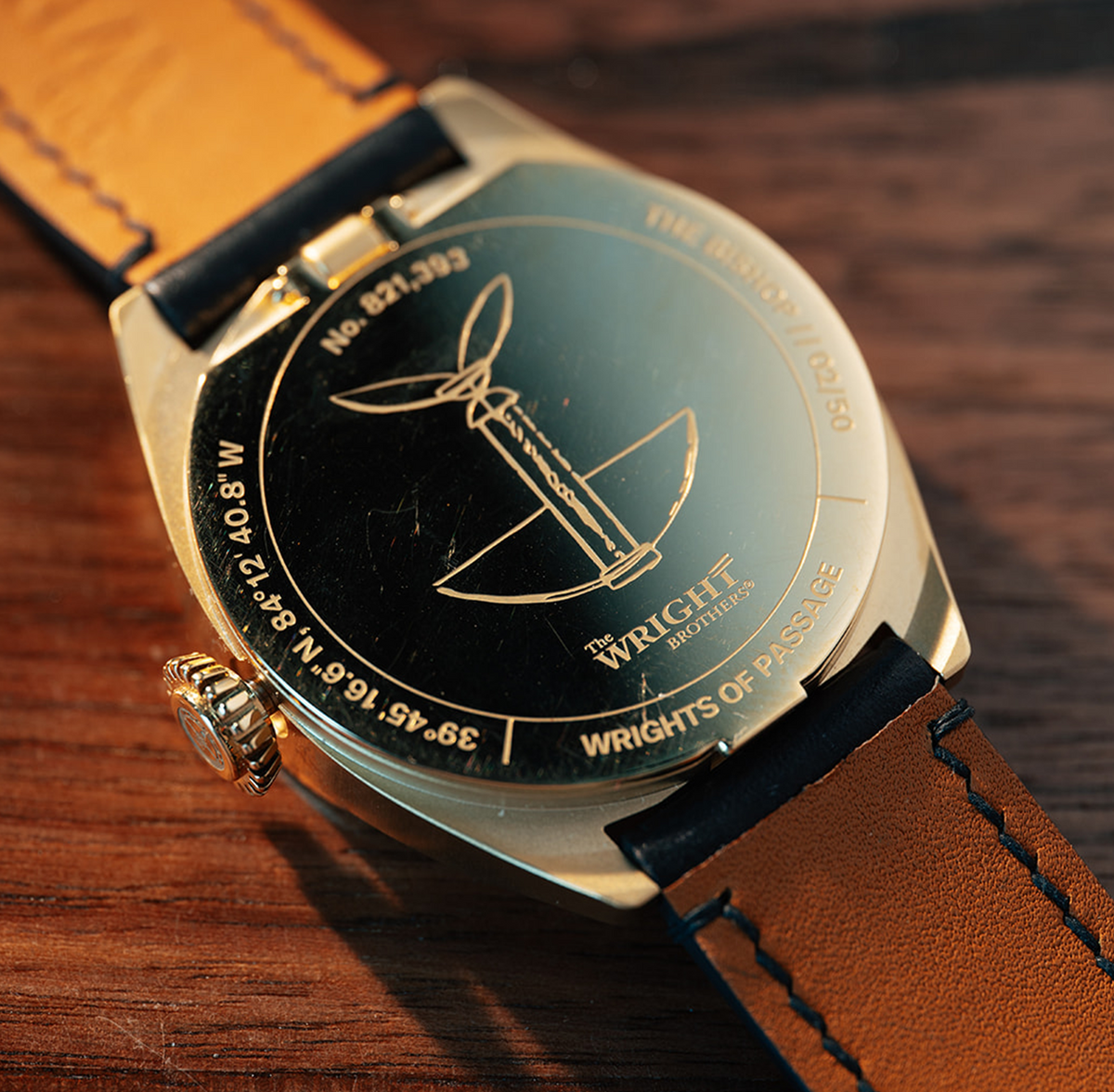 The Bishop's etched caseback with the Penaud helicopter design.