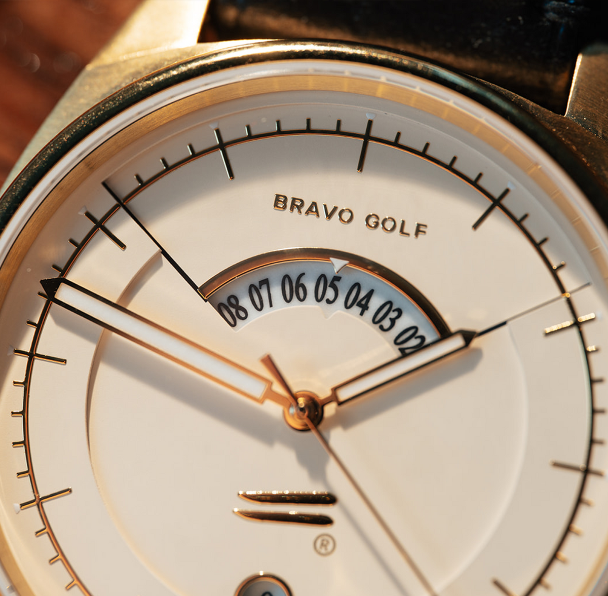 Close view of The Bishop dial and crescent GMT window.