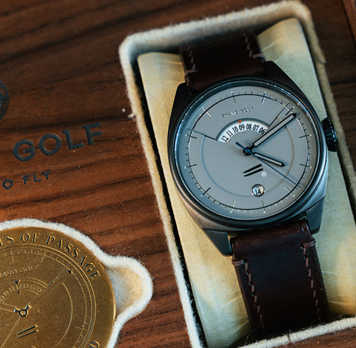 The Brothers watch in its wooden presentation box.