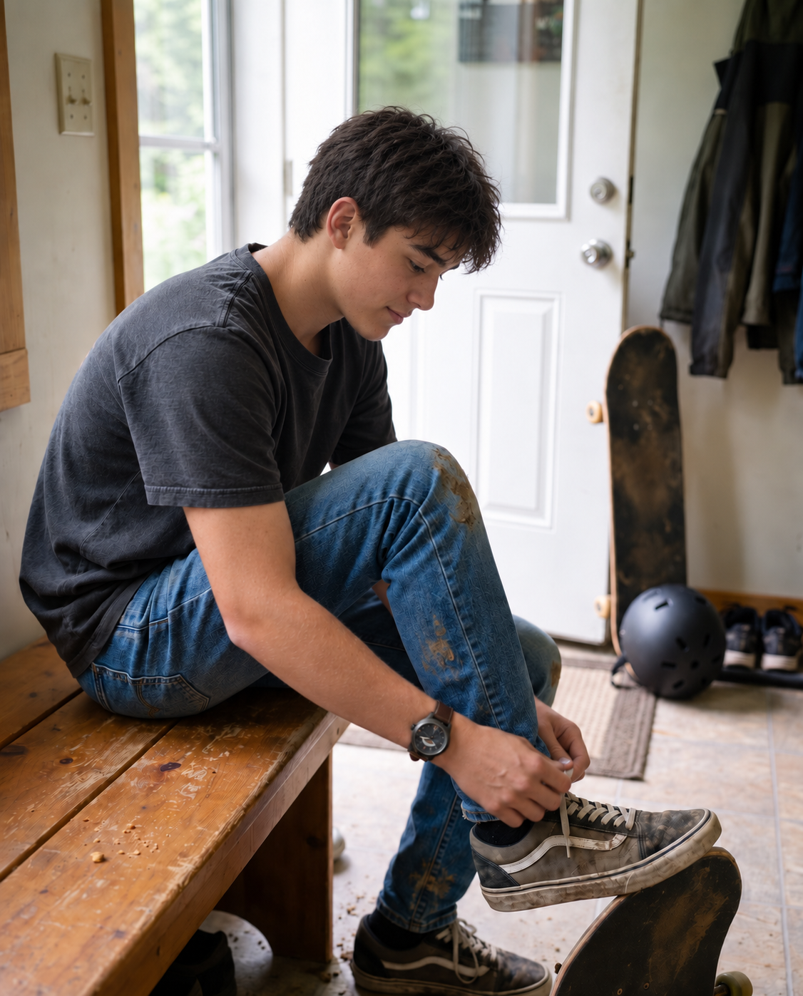 Homework at the kitchen table under a lamp, pencil in hand, the watch on his wrist.