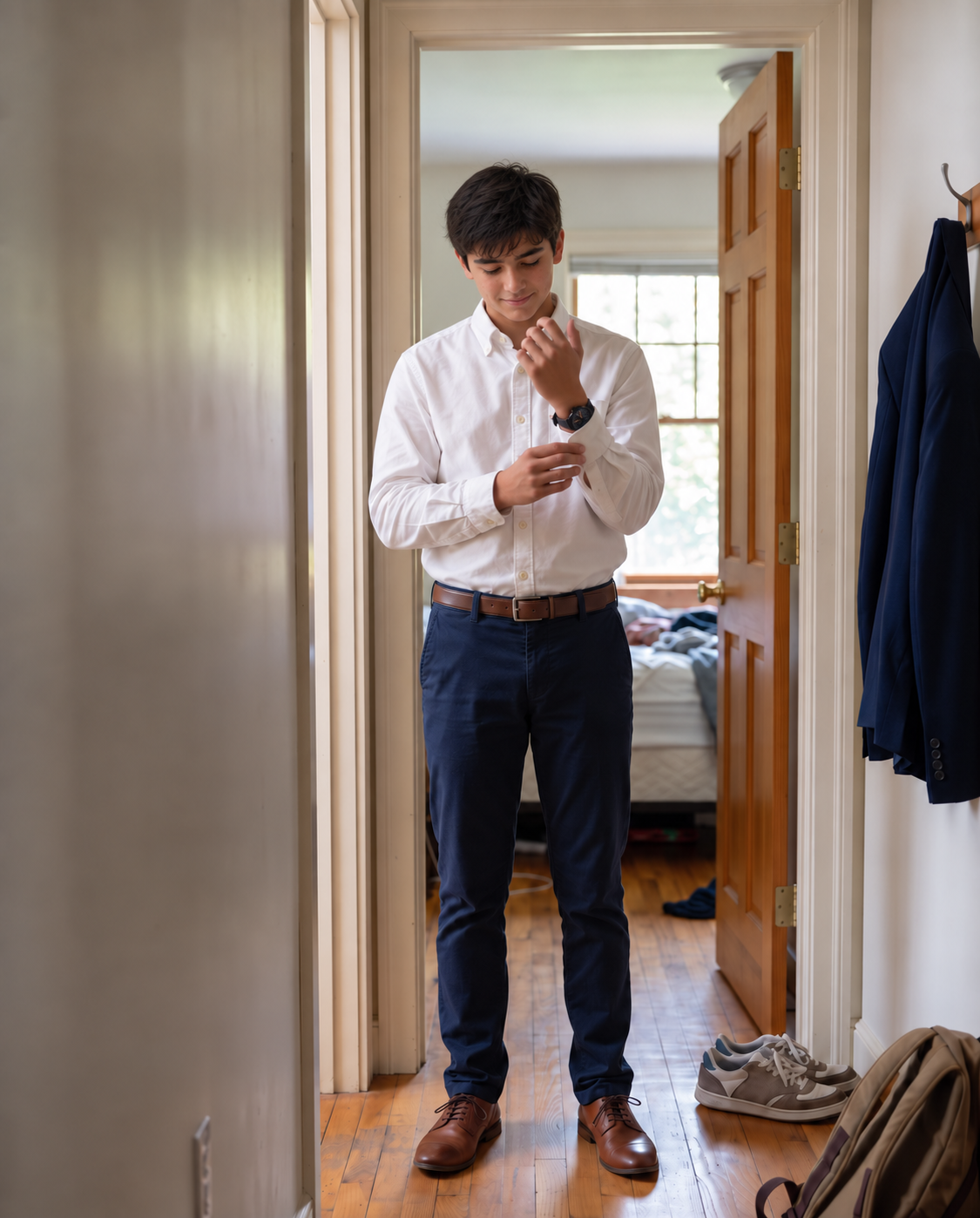 The same boy in a hallway doorway on a Sunday, white shirt and navy chinos, fastening the cuff over his watch before leaving.