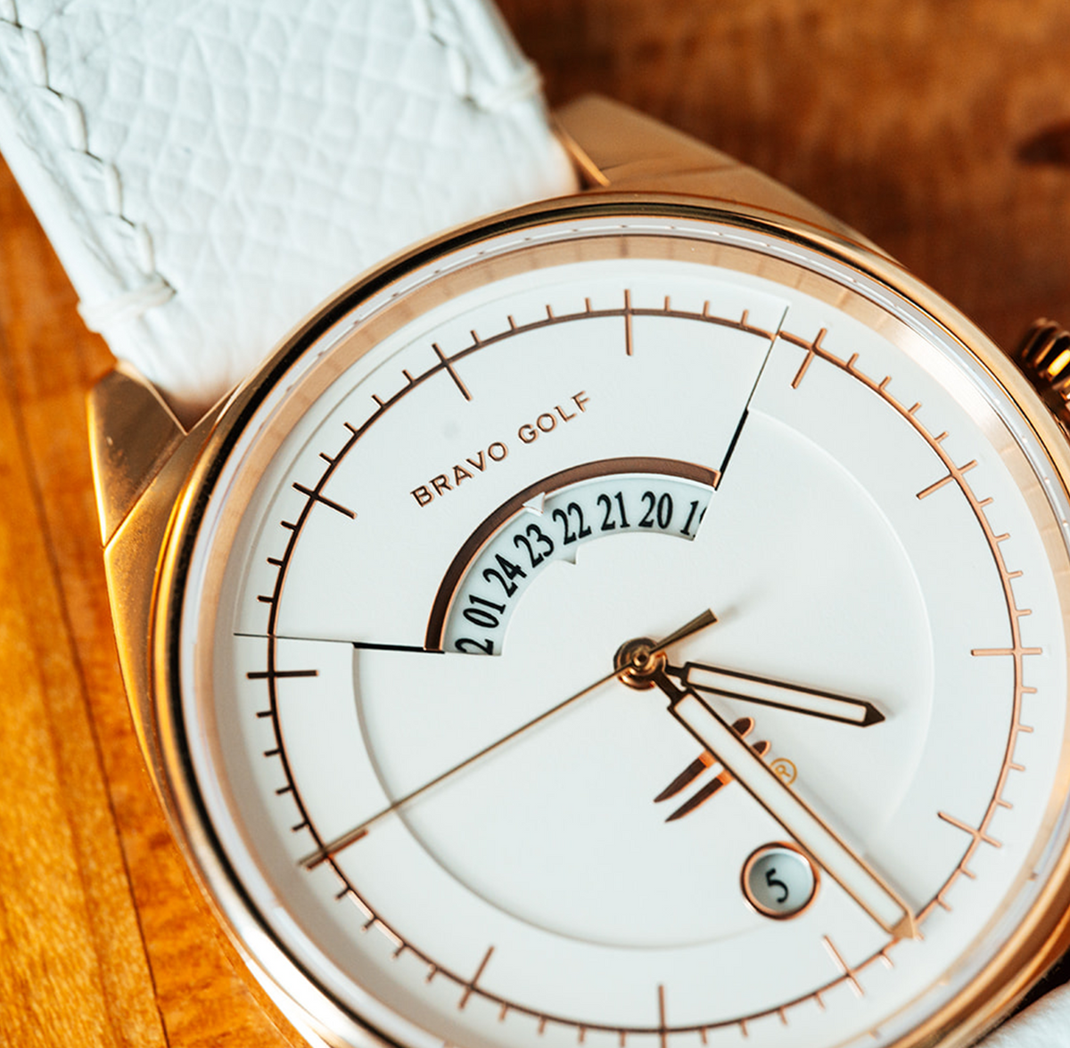 Close view of The Katharine dial and crescent GMT window.