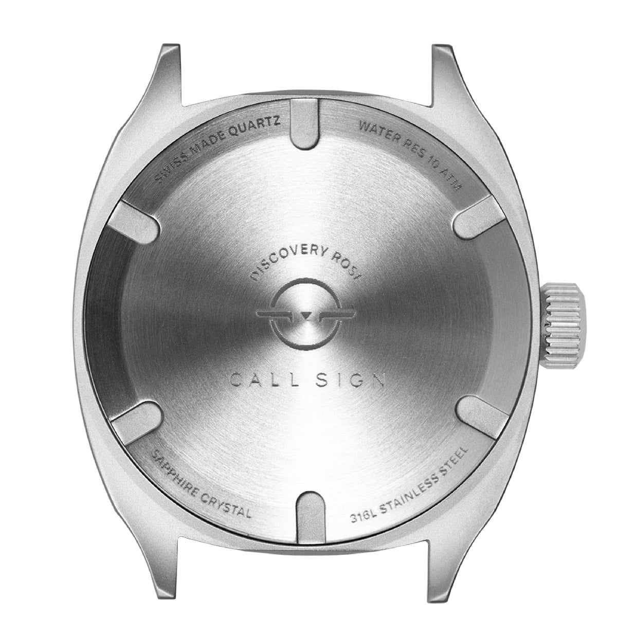 The brushed steel caseback of the Discovery Frost with the Call Sign logo at its center; custom engraving sits beneath the logo.