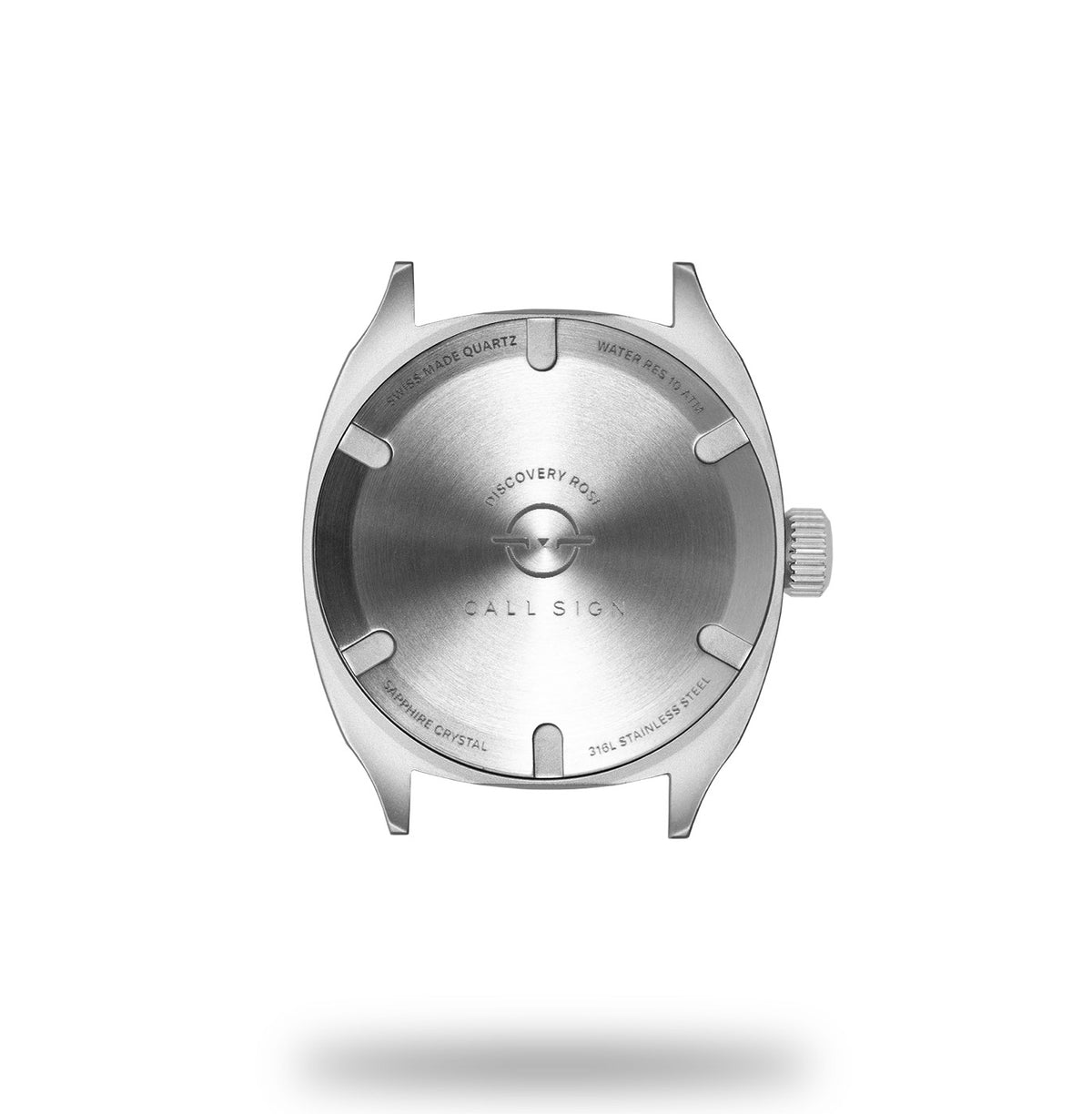The solid steel caseback of the Discovery Frost: brushed finish, Call Sign logo at the center, the specifications engraved around the rim.