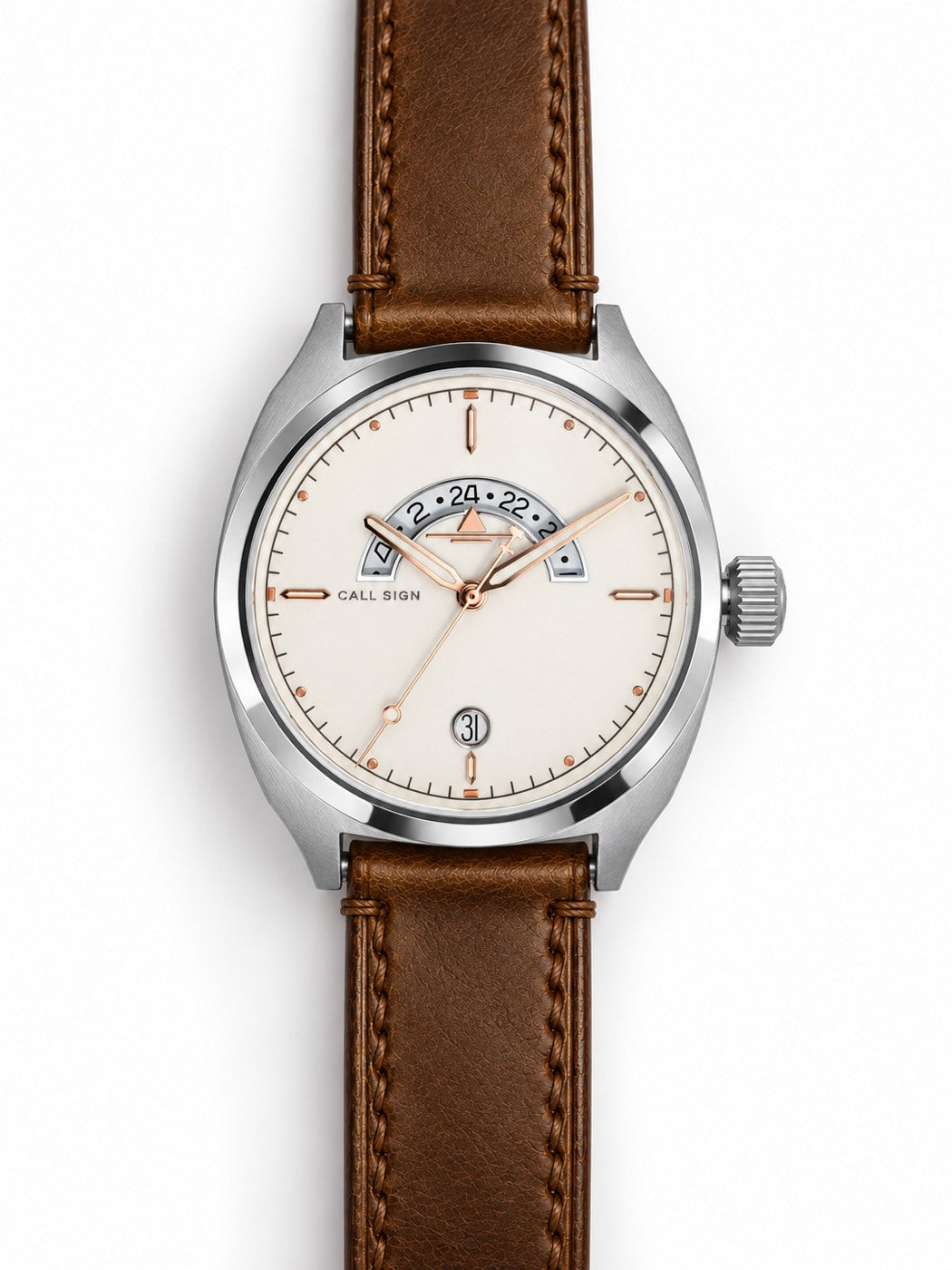 Discovery Frost from the front: white dial, rose-tone hands and markers, steel case, brown leather strap.