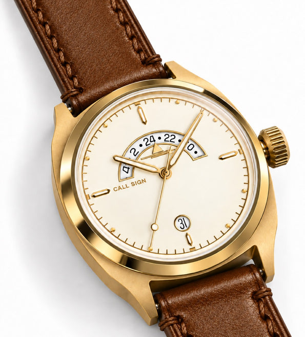 The Discovery 38 Gold at an angle on its brown leather strap.
