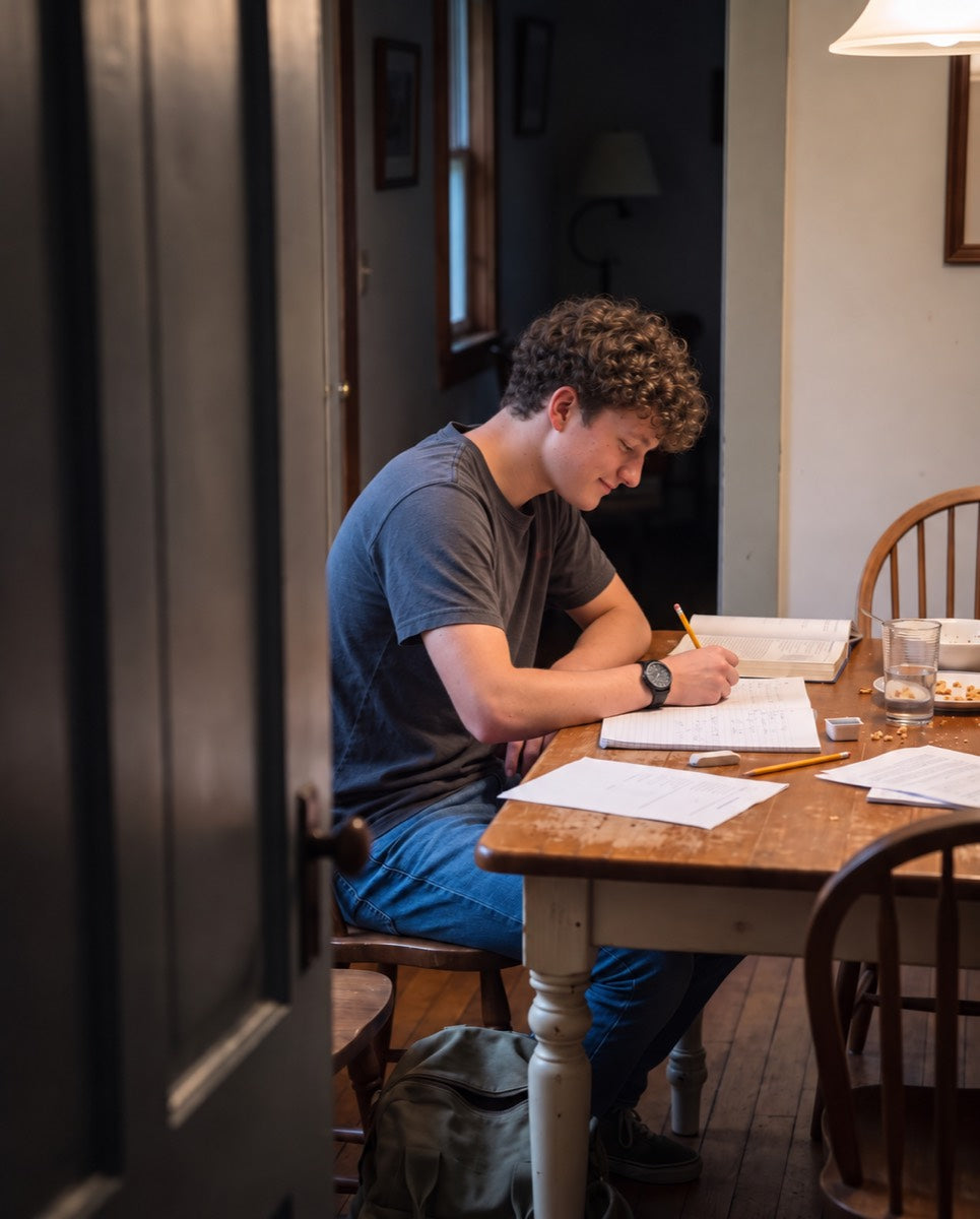 Homework at the kitchen table under a lamp, pencil in hand, the watch on his wrist.