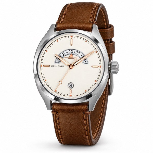 Discovery Frost 38: white dial with a rose finish, steel case, brown leather strap.