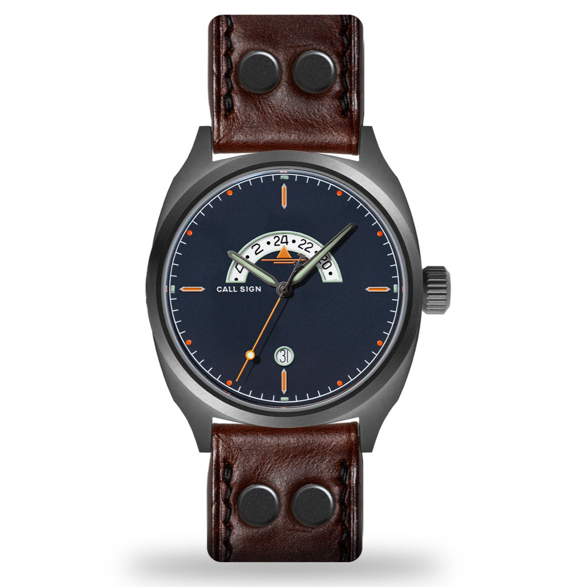 Discovery Classic 42 on a dark ground: navy dial, crescent GMT window, brown riveted leather strap.