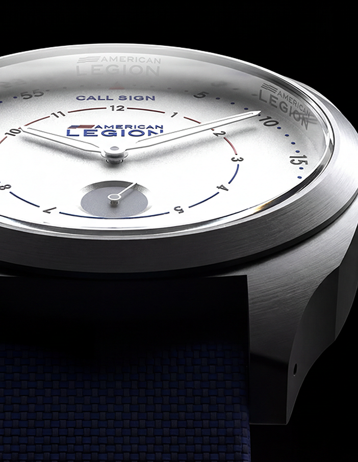 American Legion Waypoint White on a blue canvas strap.