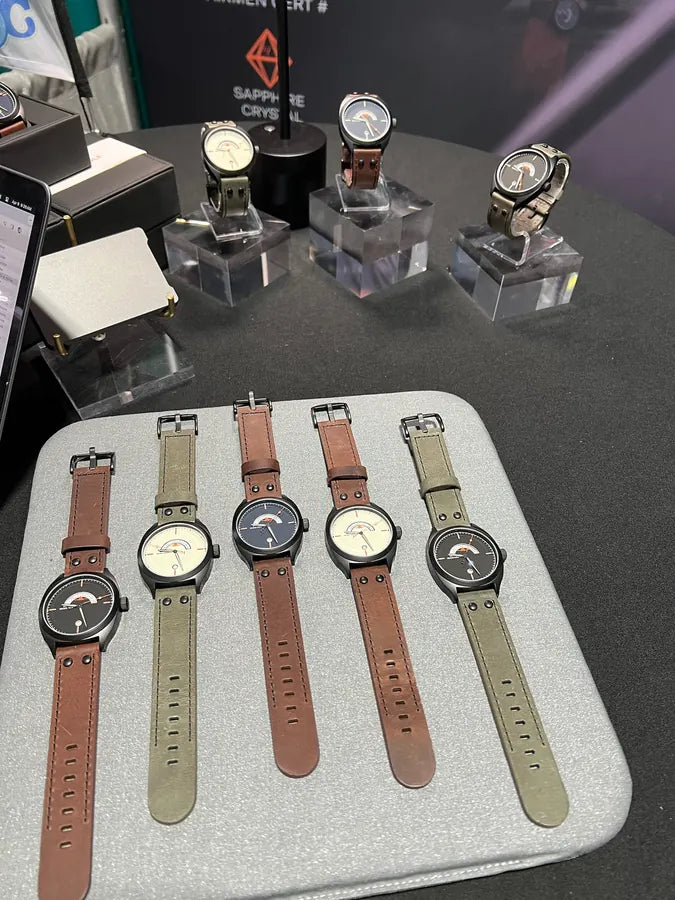 Early Bravo Golf watches arranged on the show table
