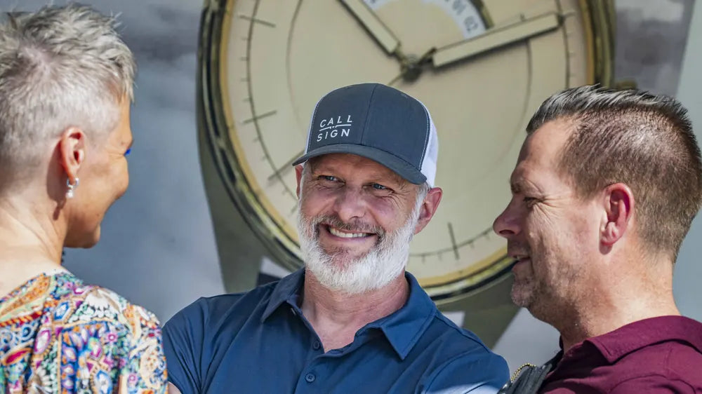 Beau speaking with adult guests at Pacific Airshow 2025