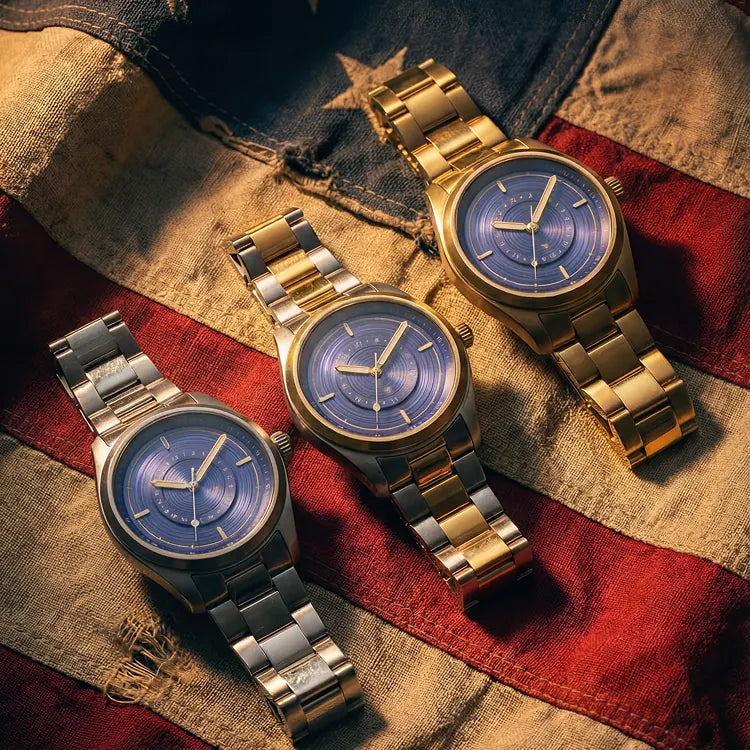 Three Cadre watches in gold and silver finishes displayed together